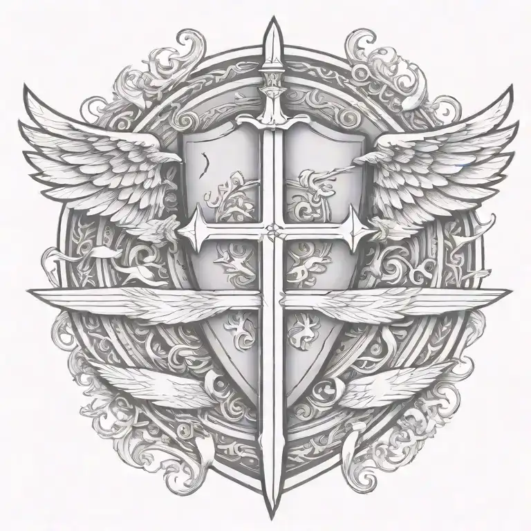 Sword Handles Behind Templar Shield With Wings Behind A Cross With Ribbon
