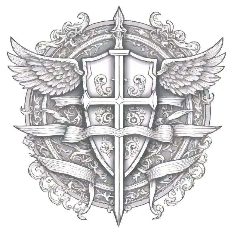 Templar Shield And Sword With Wings Behind A Cross With Ribbon