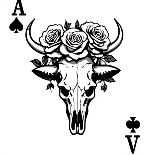 Aces Playing Card And Bull Skull With Roses