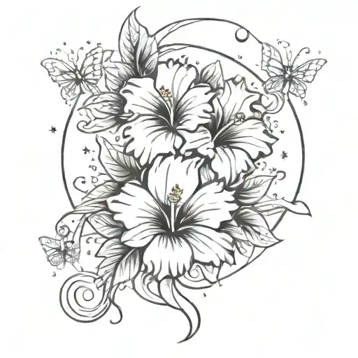Vertical Fine Line Tattoo Of A Couple Hibiscus Flowers Surrounded By The Moon Stars And Butterflies
