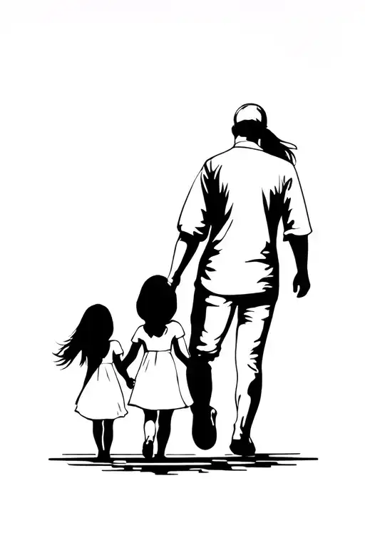 Father With 2 Daughters Walking Hand