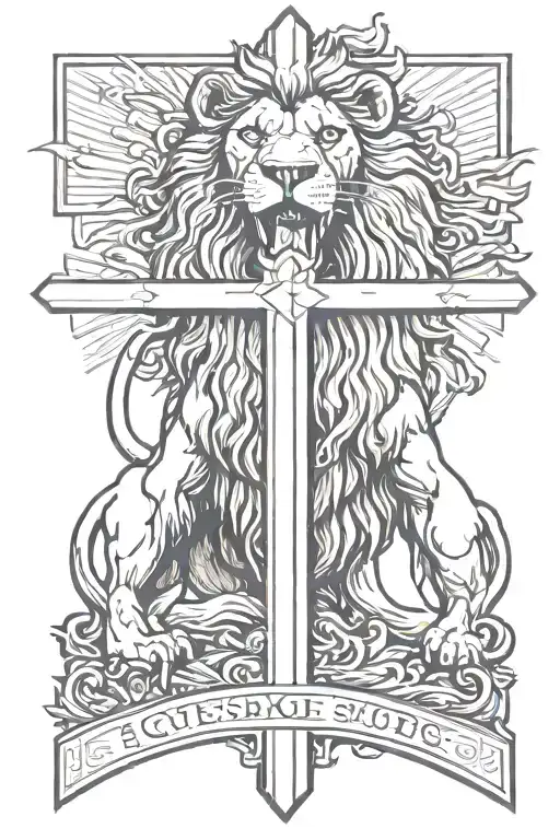 A Lion Roaring And Standing Underneath The Cross Of Jesus Christ