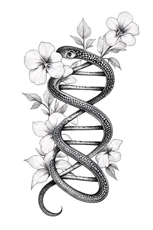 Simplistic Dna Strand Morphing Into A Snake Coiled Around Violets