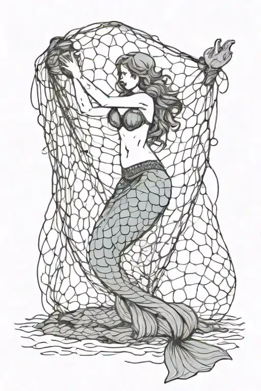 Full Body Mermaid Trapped In Fishing Net Trying To Escape The Fishing Net