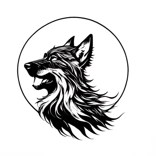 Woman's Face With A Wolf Helmet Howling At The Moon