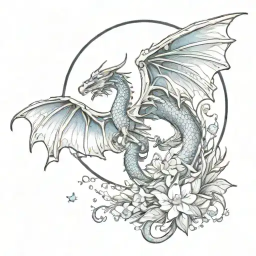 Dragon Wings With A Moon And Flowers