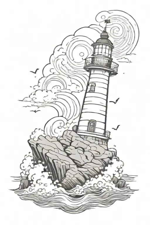 Non-working Lighthouse On A Rock In The Sea With Thunderstorm And Waves Tattoo Idea