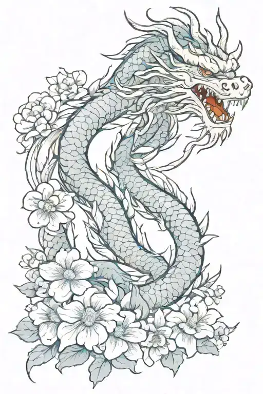 Japanese Dragon And Flowers Surrounding Him