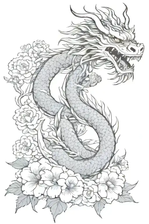 Japanese Dragon And Flowers Surrounding Him