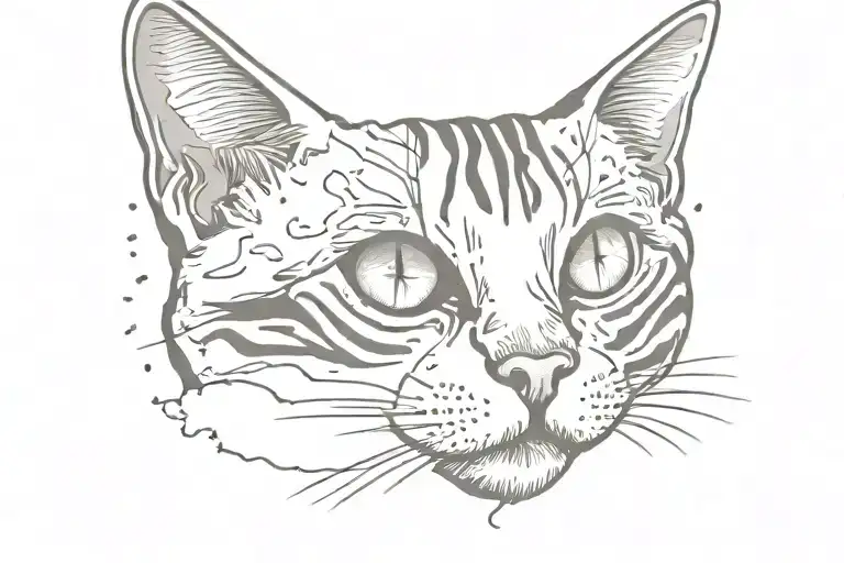 Delicate Skeleton Like Tattoo Of Tabby Cat With A Slightly Gooey Left Eye