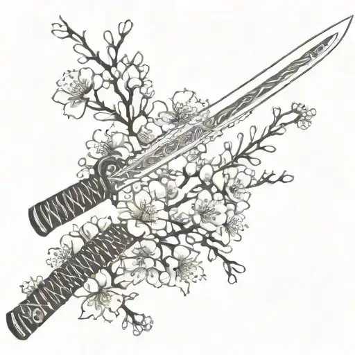 Japanese Katana With Japanese Cherry Blossoms Made In Blackwork And Dotwork Details