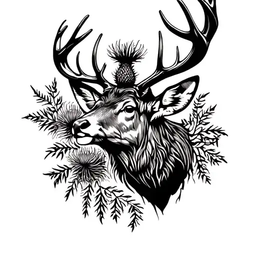 Stag With Thistle And Black Watch Tartan