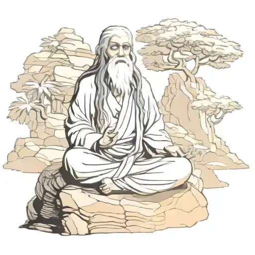 Old Wise Man With Long Hair Sitting In Lotus Pose On Rock