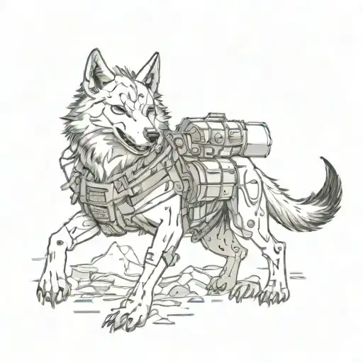 A Mythical Fire Wolf Surrounded By War Equipment