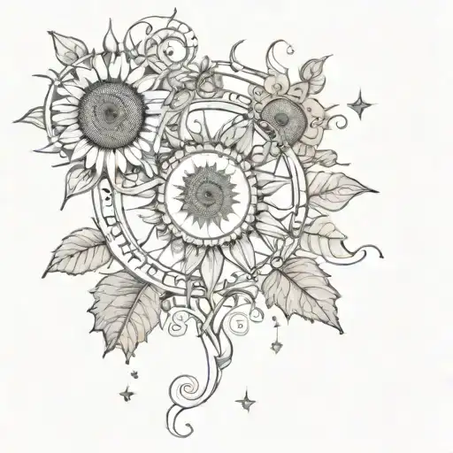 A Mystical Sunflower Garden With Moon Phases Intertwined In The Vines