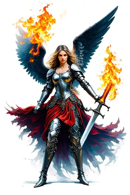 Female Guardian Angel In Full Armor Wielding A Flaming Sword