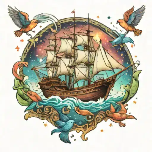 A Traditional Ship Sailing Through A Galaxy Filled With Colorful Birds
