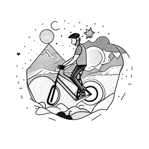 Tattoo Of A Man Riding Mountain Bike On A Mountain In The City At Night With Stars In The Sky