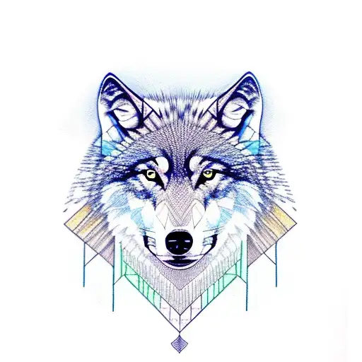 Wolf Traditional Native Indian Style With Geometric Shapes