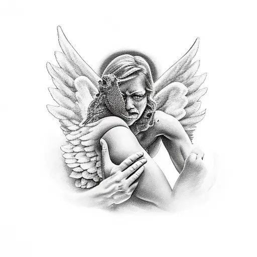 Demon Holding On To Angels Leg Who Is Trying To Fly Away Who Is Struggling To Get Away