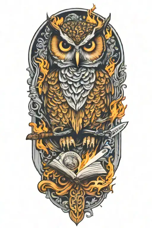 Keltic Style Owl Butchers Knife Reading A Book On Fire