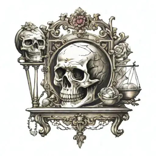 Vintage Frame And Balance Scale With A Skull And Anatomical Heart