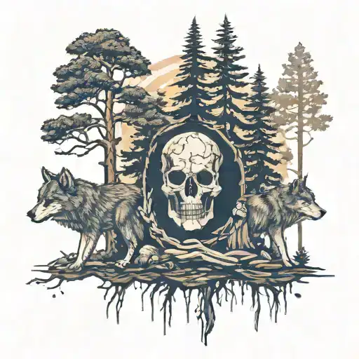 Pine Trees With Skull Shape In Negative Space Surrounded By Wolves