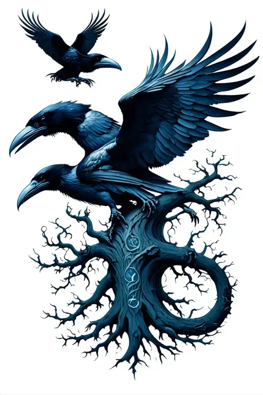 Yggdrasil With Ravens And Hugin And Munin