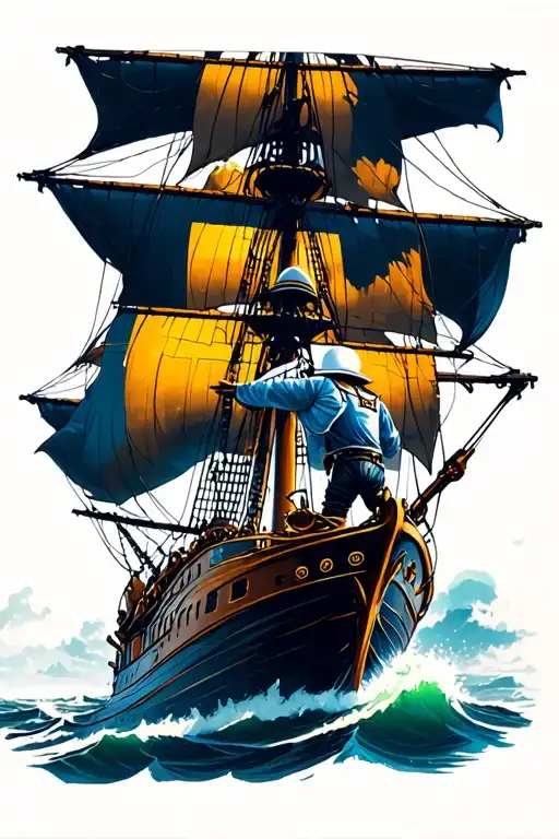 A Sailor Steering A Sailship In Cyberpunk Style