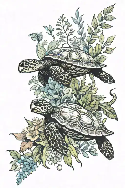 Sea Turtle Swimming Surrounded By Foliage And Flowers