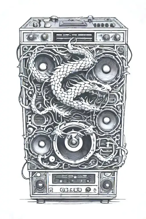 A Dragon Wrapping Itself Around A Giant Speaker That Has Soundwaves Coming Out Of Them