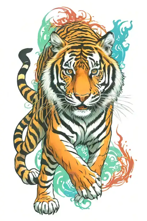 Thai Tiger Surrounded By Electic Blue Green Red