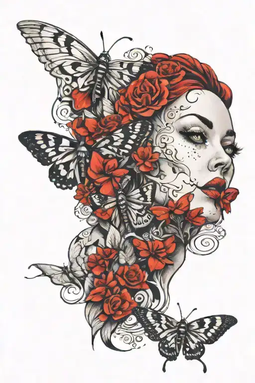 Black And Red Tattoo Lady Face Moth