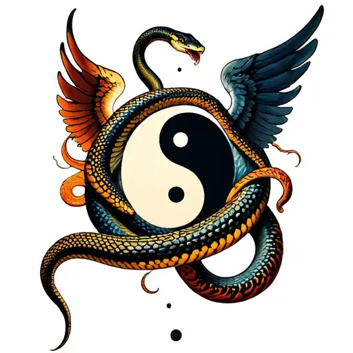 Snake Wrapping Wings Around Yin Yang Symbol Made