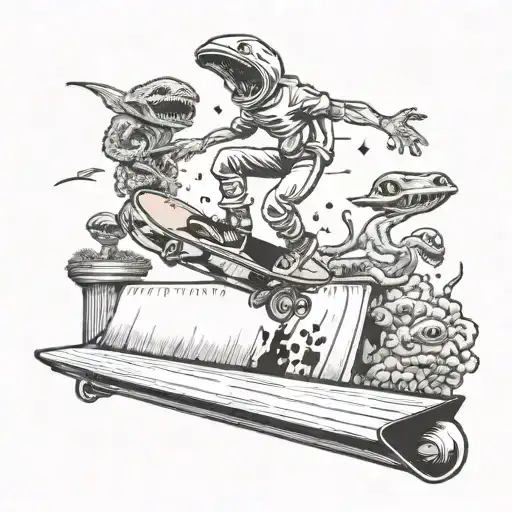 A Skateboarder Jumping Off A Ramp With Alien Creatures Watching