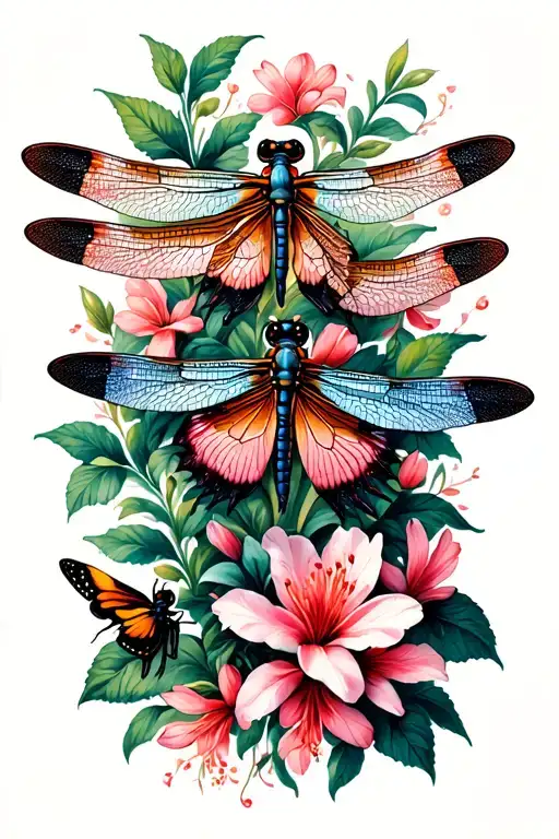 Unique Dragonflies And Butterflies Intertwined With Trailing Belladonna And Oleander Flowers