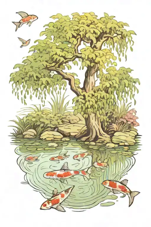 Little Koi Pond Under A Weeping Willow Tree In The Countryside