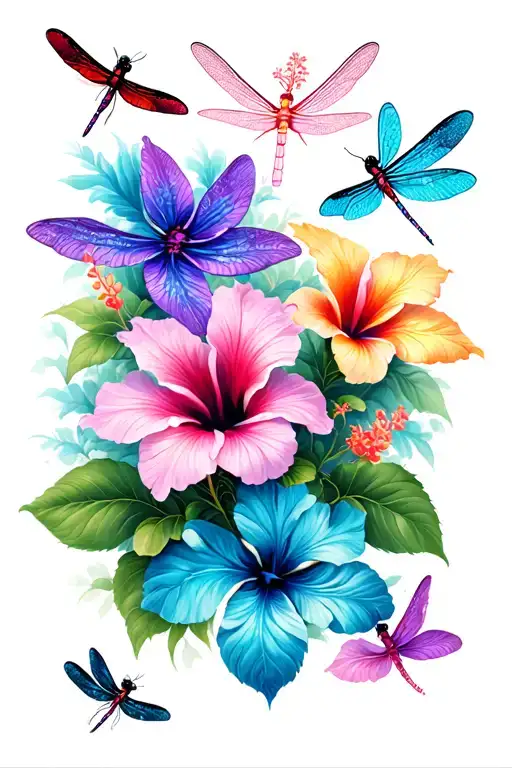 Dragonflies And Hibiscus Flowers Growing