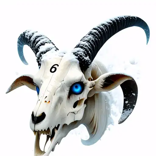 Goat Skull With Blue Eyes With Number 6 On Its Forehead And Snow On The Horns