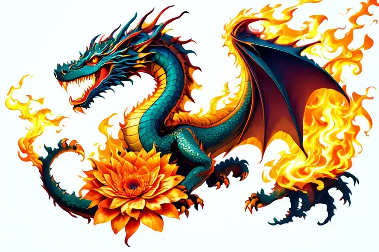 Dragon Breathing Fire With Burning Flower Bouquet