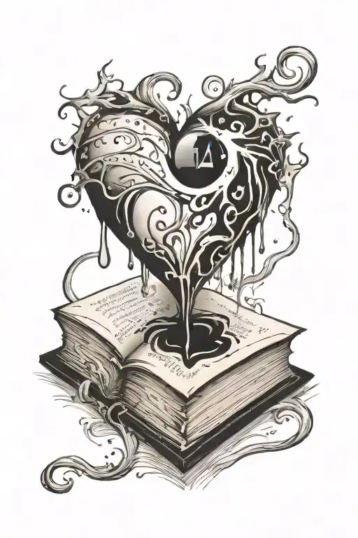 A Black And White Tattoo Of A Book Shaped As A Heart With The Letter Forming A Heart Dripping Ink