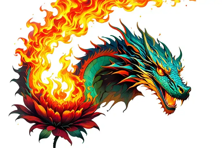 Dragon Breathing Fire On To A Burning Flower
