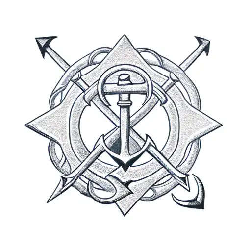 Traditional Style Anchor With Gemini Symbol And Roses Intertwined