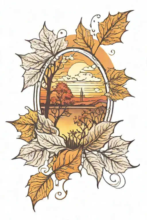 Sunset And Autumn Leaves