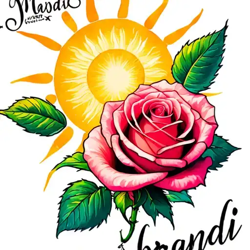 Rose Tattoo With Sun To Me Written Along With The Names Madi And Brandi