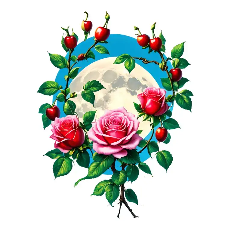 Strength Cherry Vine And Beauty Roses And Rose Buds And Full Moon In The Background