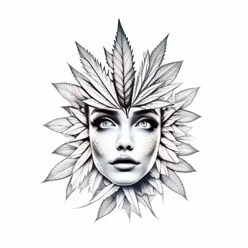 A Beautiful Girl's Face With A Weed Leaf On Her Forehead
