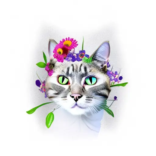 A Cat Head With Wild Flowers