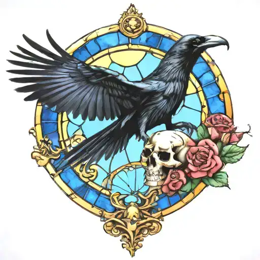 Raven Flying With A Skull With Fungi And Rose Bottom Border With Blue Stained Glass Background