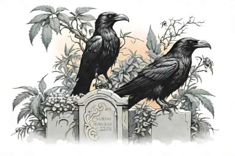 A Black Crow An Old Gravestone Cloudy Sky Withered Cannabis Plants And Flower In A Small Cemetery